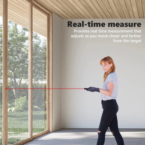 Person using Bluetooth Laser Distance Meter With Real Time Measuring And 165 Foot Range Type C Rechargeable in living room