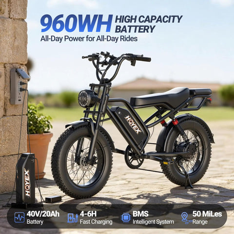 All Terrain 1500W Electric Fat Tire Bike for Adults with Brushless Motor Ebike 48V 20Ah Battery parked outside charging.