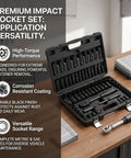 Heavy Duty 3/8 Inch Drive Impact Socket Set With Extensive 64 Piece 6 Point Cr-V Deep And Shallow SAE Metric Kit Plus Extension Bars For Tough Job Site Wrenching And Auto Repair Hacks, open case