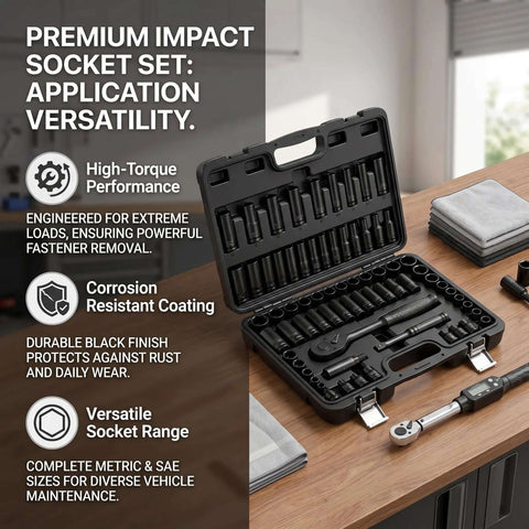 Heavy Duty 3/8 Inch Drive Impact Socket Set With Extensive 64 Piece 6 Point Cr-V Deep And Shallow SAE Metric Kit Plus Extension Bars For Tough Job Site Wrenching And Auto Repair Hacks, open case