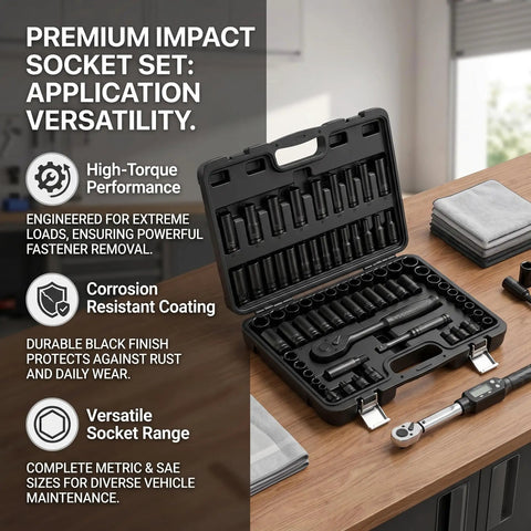 Rock Solid 3/8 Inch Drive Impact Socket Set With 64 Pieces SAE Metric Deep Shallow Cr-V Steel Kit Extension Bars Heavy Duty Tools For All Your Auto Jobs, open case on desk