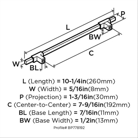 Diagram of Urbanite Two Tone Brushed Gold And Matte Black Cabinet Pull For 192 Mm Center To Center Drawers And Doors with measurements