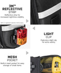 Micro Aero Wedge Seatpost Bag with Fixer F11 showing reflective strip, light clip, and mesh pocket, black 1000D nylon