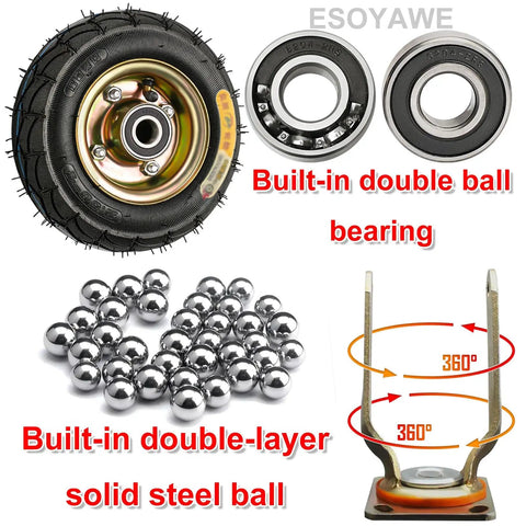 Badass Heavy Duty 10 Inch Pneumatic Rubber Caster Wheels With Double Ball Bearings on display with steel ball bearings and metal mount.