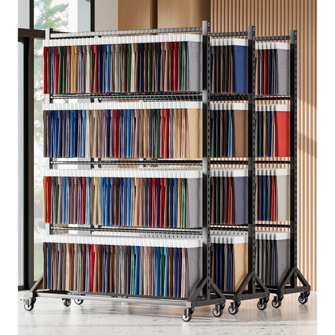 Mobile 2/3 Tier Metal Clothes Hanger And Fabric Curtain Sample Display Rack With Wheels in studio setting