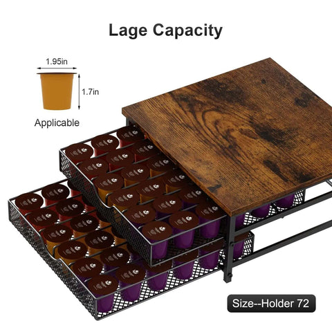 Two Tier K Cup Drawer Organizer For Coffee Pods With 72 Cup Capacity Space Saving Drawer Baskets Sturdy Stackable Coffee Capsule Storage Drawer In Industrial Brown And Black Finish with wood top and metal mesh baskets loaded with pods.