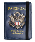 RFID Blocking Leather Passport Holder Travel Wallet For Women And Men, Dark Blue front view with US emblem