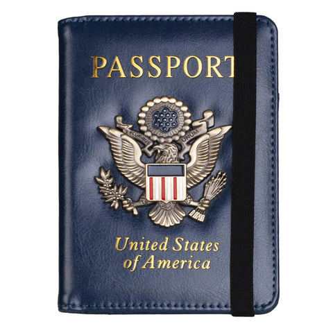 RFID Blocking Leather Passport Holder Travel Wallet For Women And Men, Dark Blue front view with US emblem