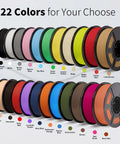 22 colors of PLA filament spools, including Matte Beige PLA Filament 1.75mm For Bambu Lab Printers, displayed in a row.