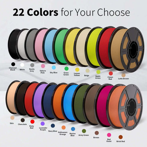 22 colors of PLA filament spools, including Matte Beige PLA Filament 1.75mm For Bambu Lab Printers, displayed in a row.