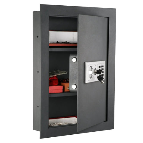Hidden In Wall Safe With Electronic Keypad And Two Manual Override Keys For Home Or Office Store Cash Jewelry Passports And Important Documents Securely In A Concealed Wall Vault featuring open door and inner shelves