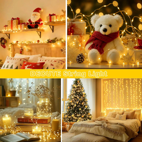 Indoor decoration with 164 feet of 500 LED fairy lights on a tree, shelves, and a teddy bear, creating a warm ambiance.