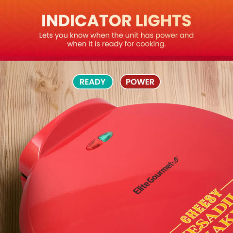 Indicator lights of Cool 11 Inch Quesadilla Maker With Easy Slice Design signal power and readiness for cooking.