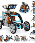 12 In 1 Solar Power Robot Kit For Kids Aged 8 To 13, various robot models displayed, orange and grey components, STEM education