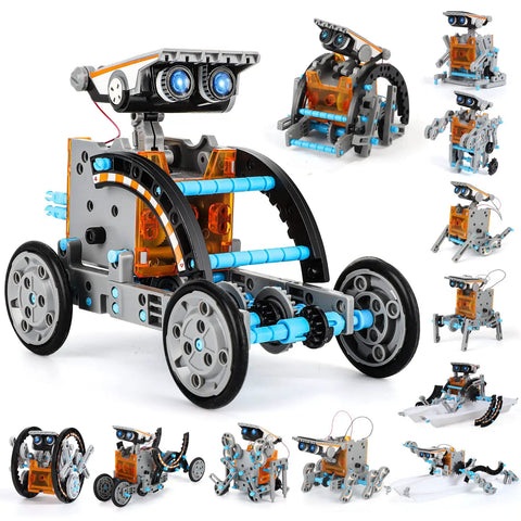 12 In 1 Solar Power Robot Kit For Kids Aged 8 To 13, various robot models displayed, orange and grey components, STEM education