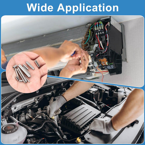 Roll Pin Set 220 Piece Slotted Spring Pins 304 Stainless Steel Rust Resistant Heavy Duty Includes Sizes From M1.5x6mm To M6x30mm For Home Improvement Automotive And Machinery Repair Durable Construction in use for home and automotive repair applications.