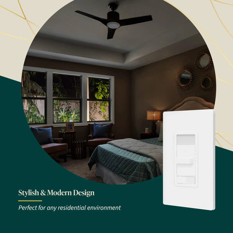 All In One Wall Light And Three Speed Ceiling Fan Control Combo With Slider, in bedroom setting, white finish.