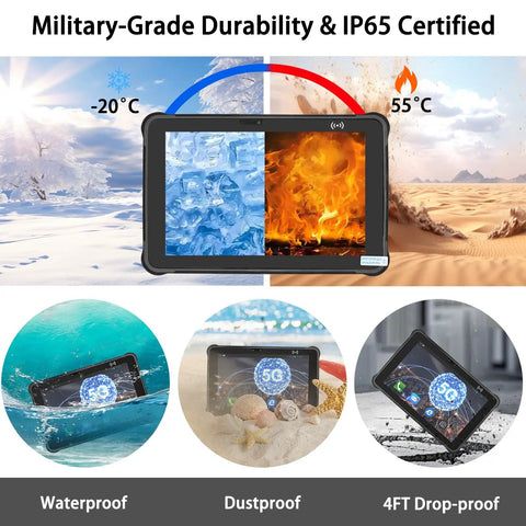Job Site Beast Ten Inch 5G Android Industrial Rugged Tablet With 8GB Ram And 256GB Storage IP65 Waterproof Mil Std Certified No Sweat Weather Survival For Field Work showcasing waterproof, dustproof, and military-grade features.