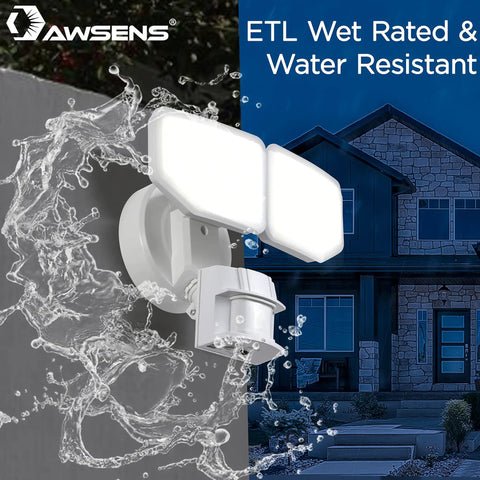 Super Bright LED Motion Sensor Security Light Outdoor, 2 Head Adjustable, 180 Degree Coverage, 2600 Lumens, 5100K Cool White, ETL Water Resistant, Energy Star Certified, Perfect For Patio, Garage, And Porch