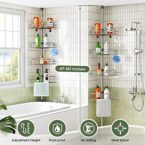 Heavy Duty Four Tier Corner Shower Caddy Telescoping Tension Pole Quick Adjust Shelves Bathroom Storage Rustproof Non Slip Shampoo Holder Built Like A Tank And Stays Put