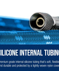 Close-up of the Built Tough 10 Footer Nylon Braided Airbrush Hose With Soft Silicone Core, showcasing fittings and nylon braiding.