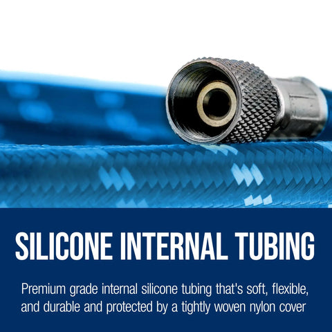 Close-up of the Built Tough 10 Footer Nylon Braided Airbrush Hose With Soft Silicone Core, showcasing fittings and nylon braiding.