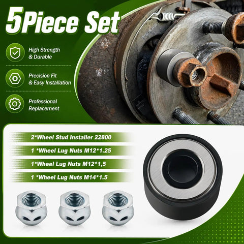 Ditch The Guesswork With This Pro Wheel Stud Installer Tool Kit For Car Repairs! Get Perfect Alignment And Protect Threads Every Time Using The 22800 Oem Spec Adapter Plus Three Heavy Duty Lug Nuts Included In This Durable Removal Set That Saves You. 5-piece iron wheel stud installer set, M12 and M14 lug nuts