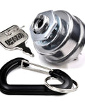 Dual Protection HD Switch Lawn Mower Ignition Key Replacement with key, carabiner, and ignition lock shown