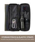 Portable Solar Panel With Foldable 4 Panel Design, 28W Charging Power, Dual USB A Ports For Phone On Camping, shown with storage pouch and straps