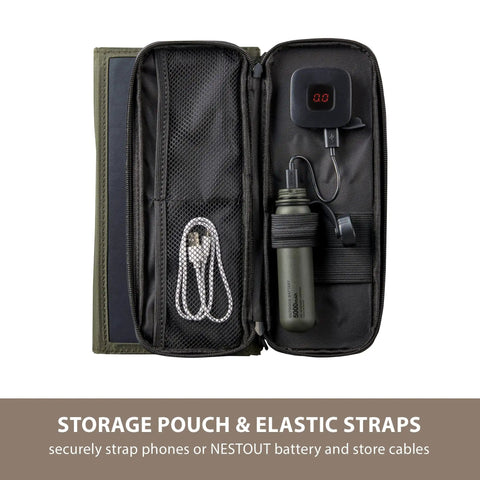 Portable Solar Panel With Foldable 4 Panel Design, 28W Charging Power, Dual USB A Ports For Phone On Camping, shown with storage pouch and straps