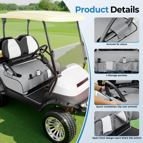 Ride Ready Golf Cart Seat Cover Towel Blanket With Armrest Strap And Pockets Universal Front Seats Fit For Club Car EZGO Yamaha And More All Season Protection Gray with storage pockets and armrest Velcro detail