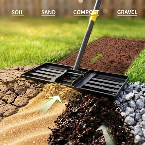 Pro Grade 6 Ft Lawn Leveling Rake With 30x10 Wide Head And Round Edge leveling soil, sand, compost, gravel in yard