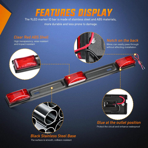 LED Trailer Light Kit 2 Pack Red Rectangular Tail Stop Turn License Lights Amber Side Marker 9 LED ID Bar for 12V RV Truck