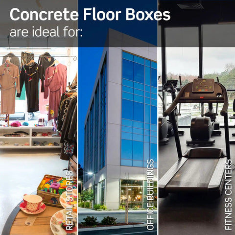 2 Gang Concrete Floor Box System Gray With Bullseye Leveling And Low Voltage Divider in retail, office, fitness settings