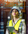 Woman holding tablet in safety vest, looking upward with digital icons around her. Focus on Controls Tech To Engineer Path.