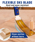 Kickass Six Inch Japanese Pull Saw Featuring Double Edged Design With Fourteen Teeth Rip Side And Seventeen Teeth Cross Cut Blades on wood, showcasing precision cut.