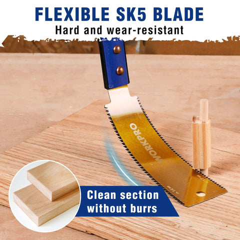 Kickass Six Inch Japanese Pull Saw Featuring Double Edged Design With Fourteen Teeth Rip Side And Seventeen Teeth Cross Cut Blades on wood, showcasing precision cut.