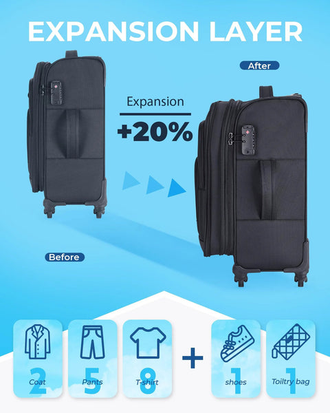 Pair of BagSmart 20-inch expandable black carry-on luggage with spinner wheels and TSA lock.