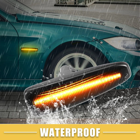 Mitsubishi Lancer Front LED Side Marker Lights Pair With Black Lens And Yellow Turn Signals 8351A001 installed in rain