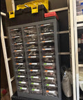 Tough As Nails Heavy Duty Parts Sorting Cabinet With Smooth Gliding Lockable Drawers For Shop Grind and Small Hardware Organization Solutions Built To Last Forever, full view with stacked storage above.