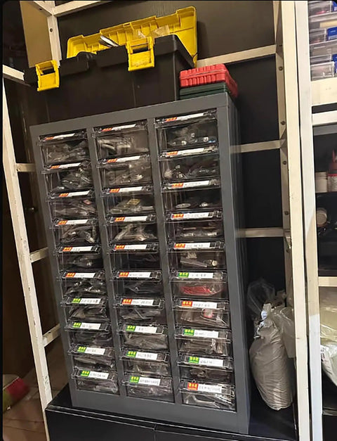 Tough As Nails Heavy Duty Parts Sorting Cabinet With Smooth Gliding Lockable Drawers For Shop Grind and Small Hardware Organization Solutions Built To Last Forever, full view with stacked storage above.