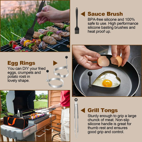 14 Piece Griddle Accessories Kit For Flat Top Grills A Complete Outdoor BBQ Set showing sauce brush, egg rings, and grill tongs