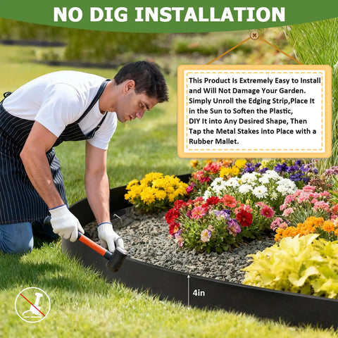 Person installing Flexible DIY Friendly Plastic Garden Edging Border 4 Inches Tall 80 Feet With 100 Metal Stakes in flower bed