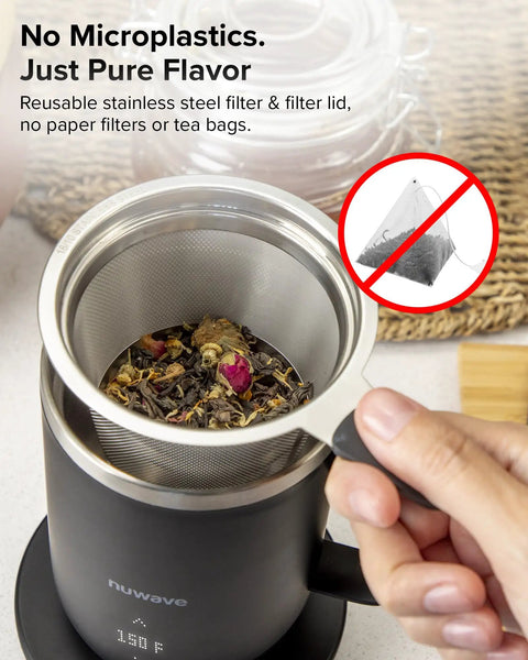 Reusable stainless steel filter shown above a mug with herbal tea, emphasizing no microplastics in the brewing process.
