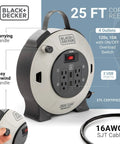 25 Ft Retractable Extension Cord Reel With 4 Outlets, 2 USB Ports, Multi Plug, On Off Switch, Heavy Duty 16AWG SJT Cable
