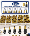 Pro Grade Carbon Steel Rivet Nut Tool Set With Assorted Mandrels And Flat Head Inserts Spanning M3 Through M12 For Auto Repair No Sweat Fastening And DIY Metal Projects. 55-piece metric rivet nut mandrel kit with assorted sizes.