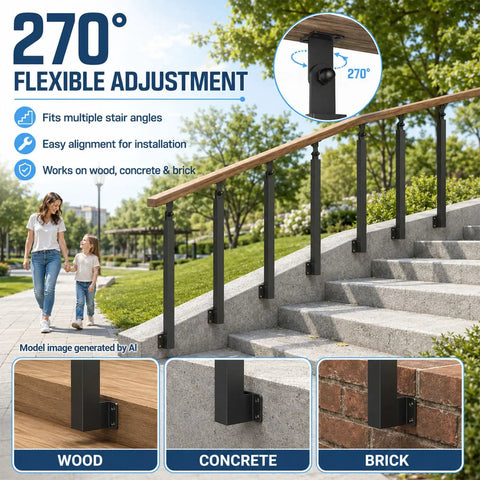 Heavy Duty Side Mount Stair Railing Posts 35.4 Inch Carbon Steel Indoor Handrail Support 4 Pack installed on steps with flexible adjustment.
