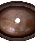 16 By 13 Inch Oval Skirted Vessel Copper Sink Hand Hammered Pure Copper Brown Finish For Modern Bath Semi Recessed Vessel One And A Half Inch Drain Opening Eighteen Gauge Handmade In Mexico CPS10 showing top view of hand-hammered patina interior.