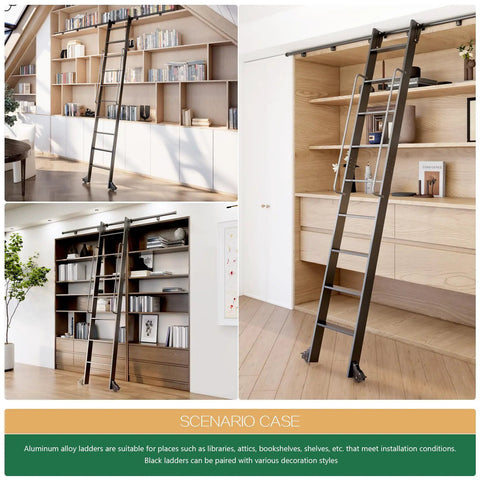 87 Inch Telescoping Aluminum Rolling Step Ladder With Four Foot Hook Track Kit Adjustable Heights 87 96 108 120 Inches 11 Inch Step Spacing 51 Inch Handrail Pro Grade Heavy Duty Library Ladder For Home Garage Workshop, black in library