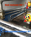 Self Seal Rubber Pipe Wrap Insulation With Aluminum Foil Layer on pipes, thermal barrier for boiler piping, temperature indicators shown.